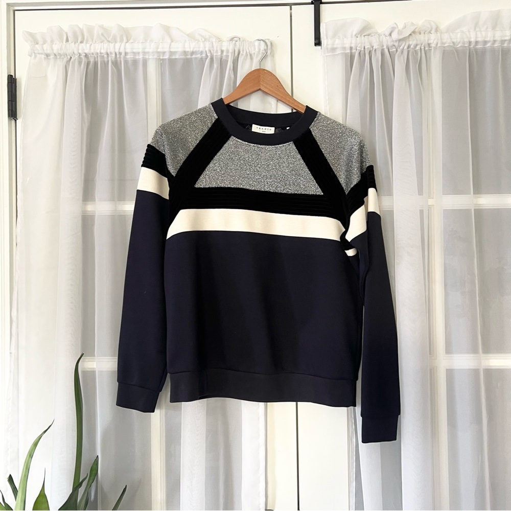 Sandro Paris Igal Metallic Silver Velvet Black & Navy Sweatshirt Size 1/Small - Picture 4 of 11
